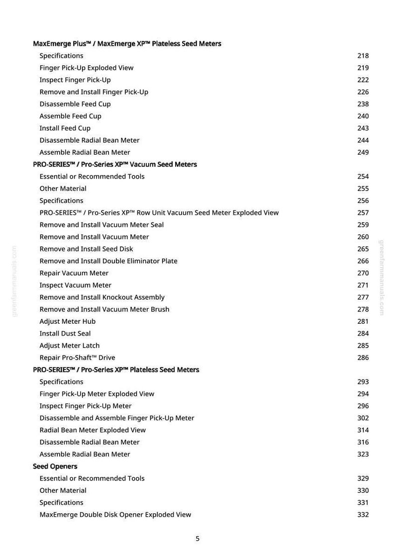 May include: A white page with a detailed table of contents for MaxEmerge Plus and Pro-Series seed meters. The text includes specifications, exploded views, and instructions for various components.