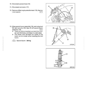 May include: Diagram of a machine's disassembly and assembly process, with detailed illustrations and labels. Includes steps for disconnecting hoses and connectors, removing components, and handling the second boom, which weighs 350 kg.