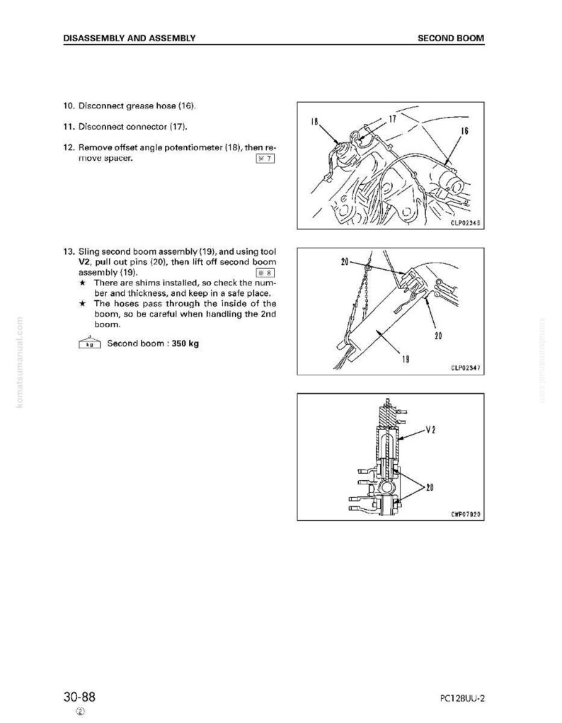 May include: Diagram of a machine's disassembly and assembly process, with detailed illustrations and labels. Includes steps for disconnecting hoses and connectors, removing components, and handling the second boom, which weighs 350 kg.