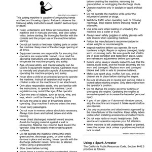 May include: A safety manual page with the title "Safety" and the subheading "Operating Safely." The page contains a list of safety instructions for operating a cutting machine, including warnings about injury and death. The page also includes a section on using a spark arrestor.