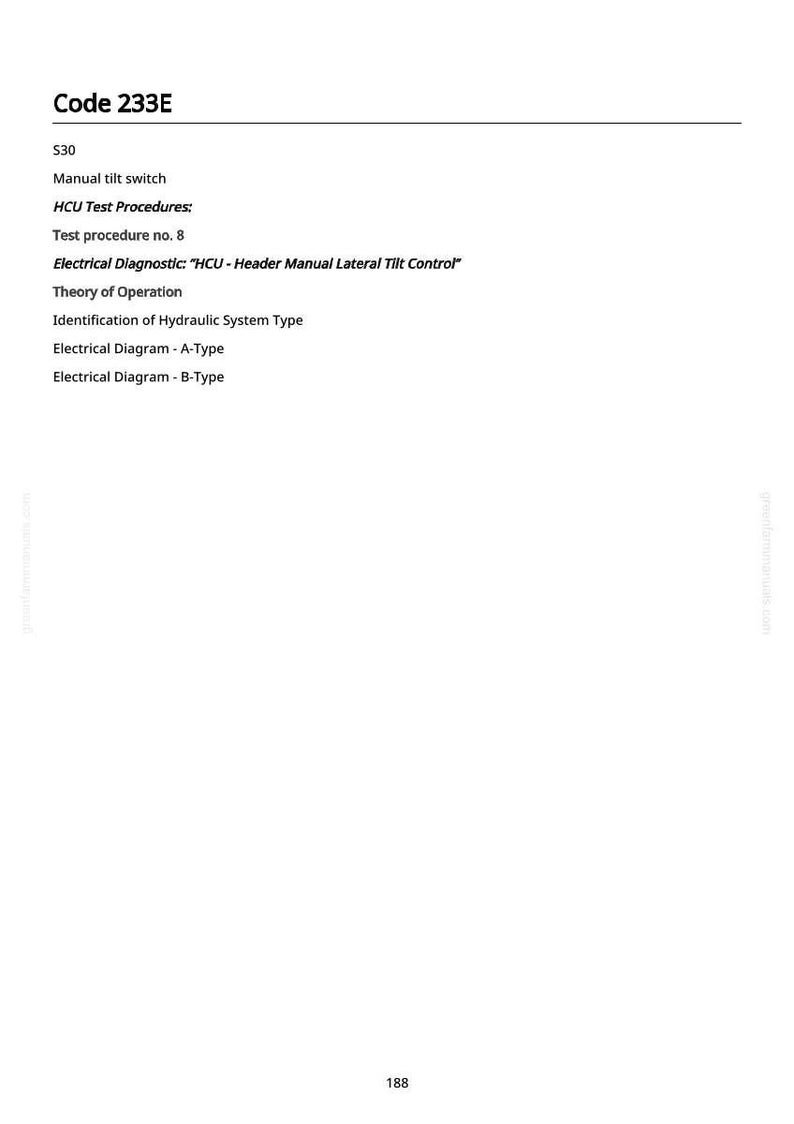Puede incluir: Una p&aacute;gina blanca con texto negro que detalla informaci&oacute;n t&eacute;cnica. El texto incluye "Code 233E", "Manual tilt switch", "HCU Test Procedures" y "Electrical Diagnostic: HCU - Header Manual Lateral Tilt Control". El n&uacute;mero 188 est&aacute; en la parte inferior.