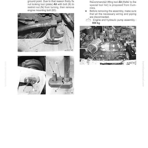 May include: Technical diagram showing engine disassembly steps. Includes close-up views of bolts, nuts, and engine components with labels. Text instructions detail the removal of engine mounting bolts and the engine and hydraulic pump assembly.