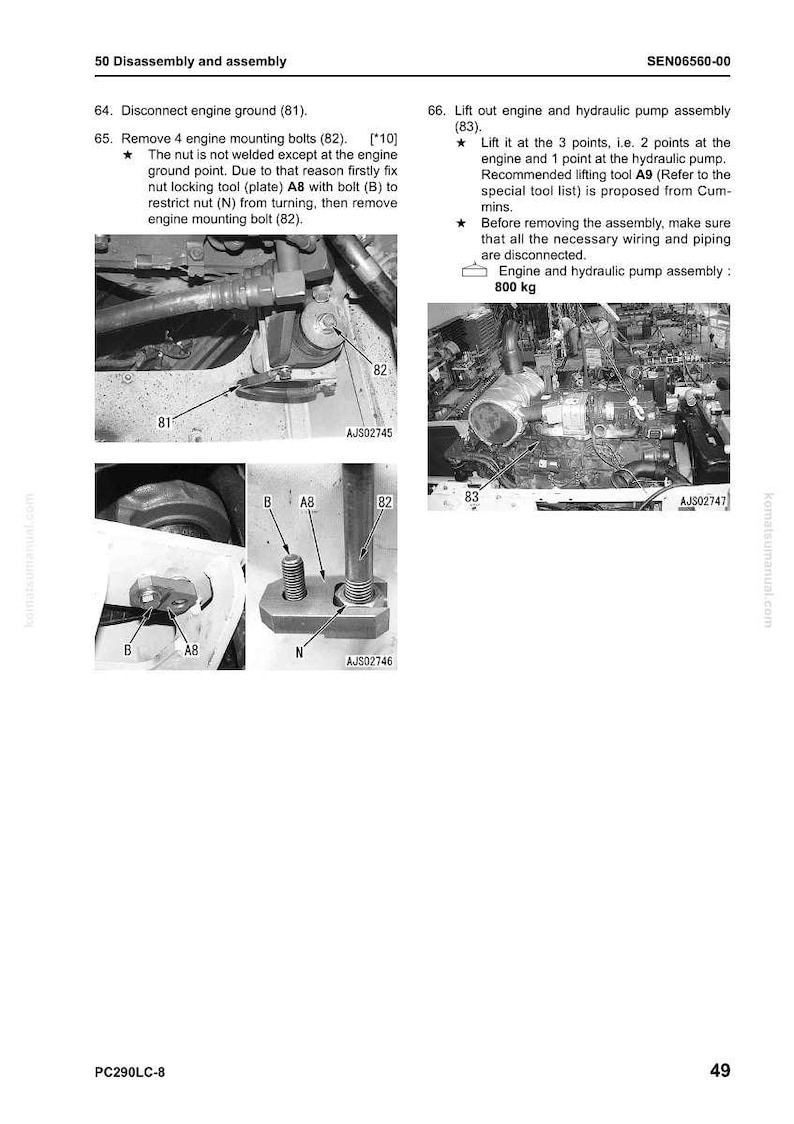 May include: Technical diagram showing engine disassembly steps. Includes close-up views of bolts, nuts, and engine components with labels. Text instructions detail the removal of engine mounting bolts and the engine and hydraulic pump assembly.