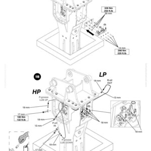 May include: Detailed technical diagram of a Komatsu machine component, featuring measurements in inches and foot-pounds. The diagram includes labels for HP, LP, and various connection points, with specific torque specifications.