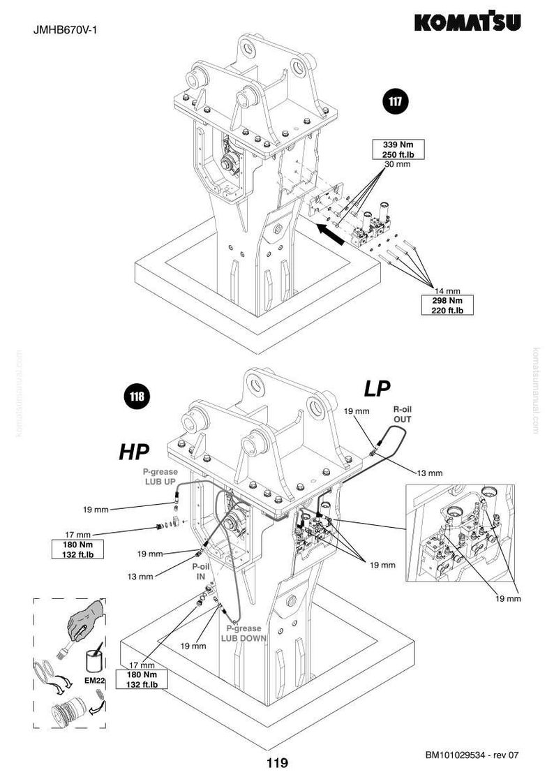 May include: Detailed technical diagram of a Komatsu machine component, featuring measurements in inches and foot-pounds. The diagram includes labels for HP, LP, and various connection points, with specific torque specifications.