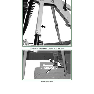 May include: Diagram illustrating the removal and installation of a cutterbar assembly. The image shows close-ups of mechanical components with labels and arrows. Text includes "E79876-UN: Engage Reel Cylinder Locks and Pins" and "E69580-UN: Lever".
