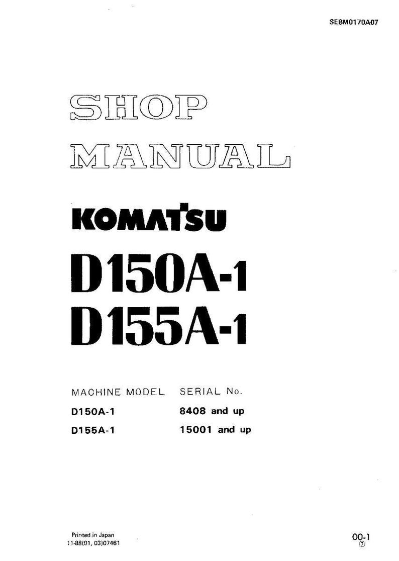 May include: A white shop manual with black text. The title "SHOP MANUAL" is at the top, followed by the brand name "KOMATSU". Below are the model numbers D150A-1 and D155A-1. The serial numbers are also listed.