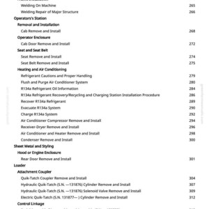 May include: A white page with a detailed table of contents from a manual. The text includes sections on vehicle maintenance, such as air conditioning, seat belts, and engine components. Page numbers are listed on the right.