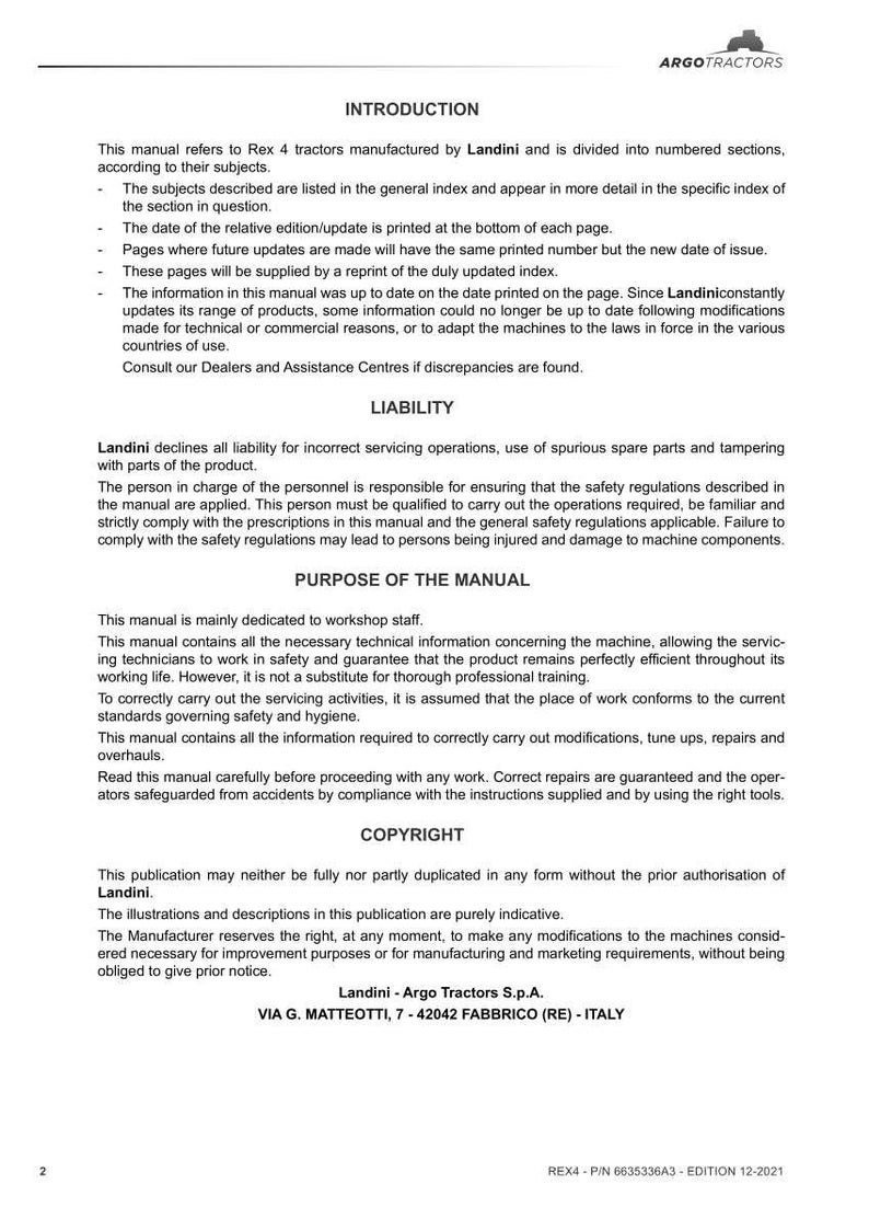 May include: A printed manual with the title "INTRODUCTION" and the Argo Tractors logo. The manual details information about Rex 4 tractors, including liability, purpose, and copyright information. The manual is dated December 2021.