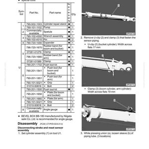 May include: Diagram of work equipment cylinder assembly with part numbers and names. Includes images of components, such as a U-clip, clamp, and piping. Text includes instructions for disassembly and assembly.