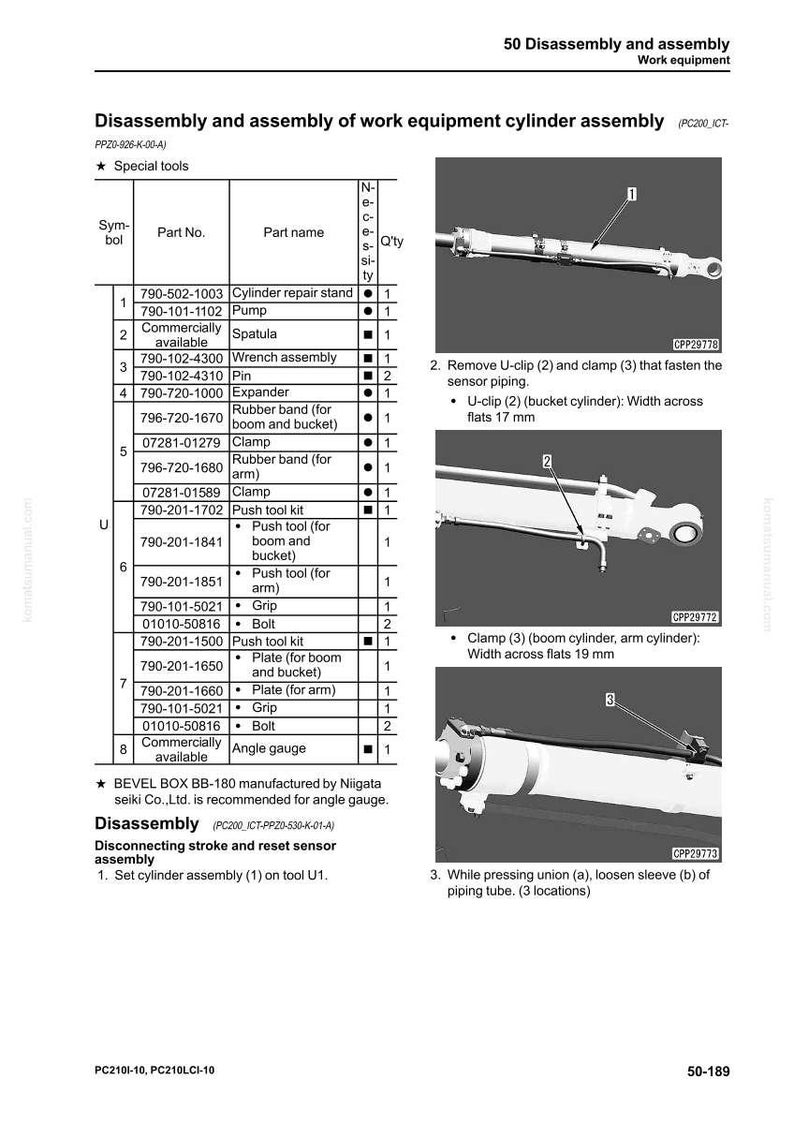 May include: Diagram of work equipment cylinder assembly with part numbers and names. Includes images of components, such as a U-clip, clamp, and piping. Text includes instructions for disassembly and assembly.