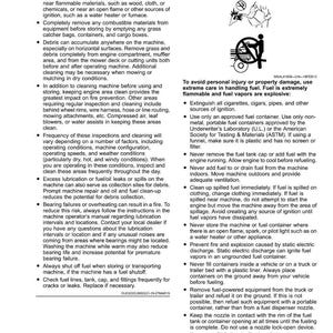 May include: A page from a safety manual, featuring text and diagrams. It provides instructions on safe fuel handling and machine operation, emphasizing fire prevention and correct storage.