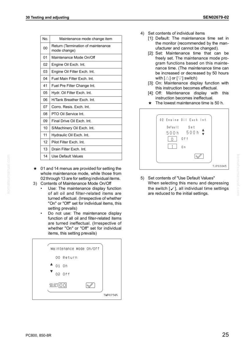 May include: A technical diagram with a table of maintenance mode change items, including engine oil and filter options. The image also shows menu options for setting maintenance times and default values, with a display showing 500h.