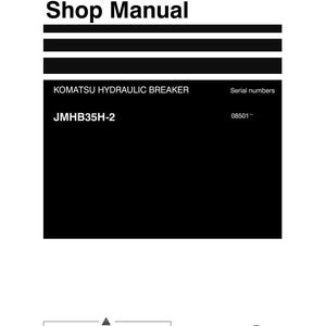 Puede incluir: Manual de taller blanco con texto negro. El manual es para un martillo hidr&aacute;ulico Komatsu, modelo JMHB35H-2. La portada incluye el texto "Manual de taller" y el logotipo de Komatsu. El n&uacute;mero de serie es 08501-.