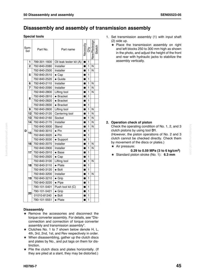 May include: A page from a manual detailing the disassembly and assembly of a transmission. It includes a parts list with part numbers and names, along with diagrams and instructions for the process. The page also includes specifications for air pressure and piston stroke.