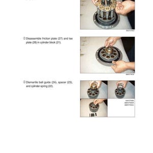 May include: Diagram of mechanical components being disassembled. The image shows the steps to disassemble a cylinder sub, set plate, piston, friction plate, lee plate, ball guide, spacer, and cylinder spring. Text includes part numbers.