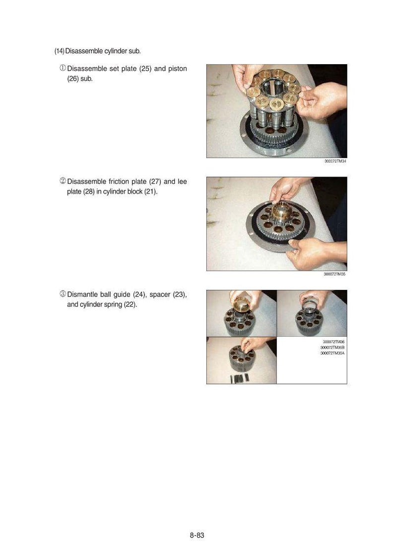 May include: Diagram of mechanical components being disassembled. The image shows the steps to disassemble a cylinder sub, set plate, piston, friction plate, lee plate, ball guide, spacer, and cylinder spring. Text includes part numbers.