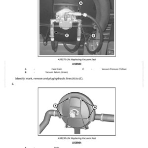 May include: Diagrams showing the procedure for removing and installing a vacuum blower motor. The images depict hydraulic lines, bolts, and vacuum seals. Text includes labels for case drain, vacuum return, and vacuum pressure.