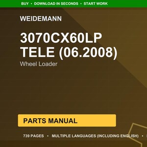 May include: A digital document cover with the Weidemann logo and the text "3070CX60LP TELE (06.2008) Wheel Loader." The document is labeled "PARTS MANUAL" and indicates 739 pages, multiple languages, and PDF format.