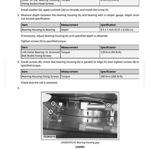 May include: Diagram of mechanical components with labels A, B, and C, and a detailed table of measurements and specifications. The image includes a close-up of a bearing housing and related parts, with measurements in inches and foot-pounds.