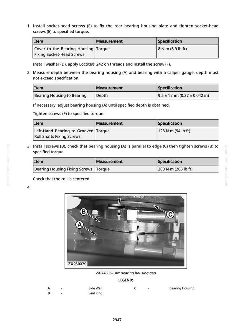 May include: Diagram of mechanical components with labels A, B, and C, and a detailed table of measurements and specifications. The image includes a close-up of a bearing housing and related parts, with measurements in inches and foot-pounds.