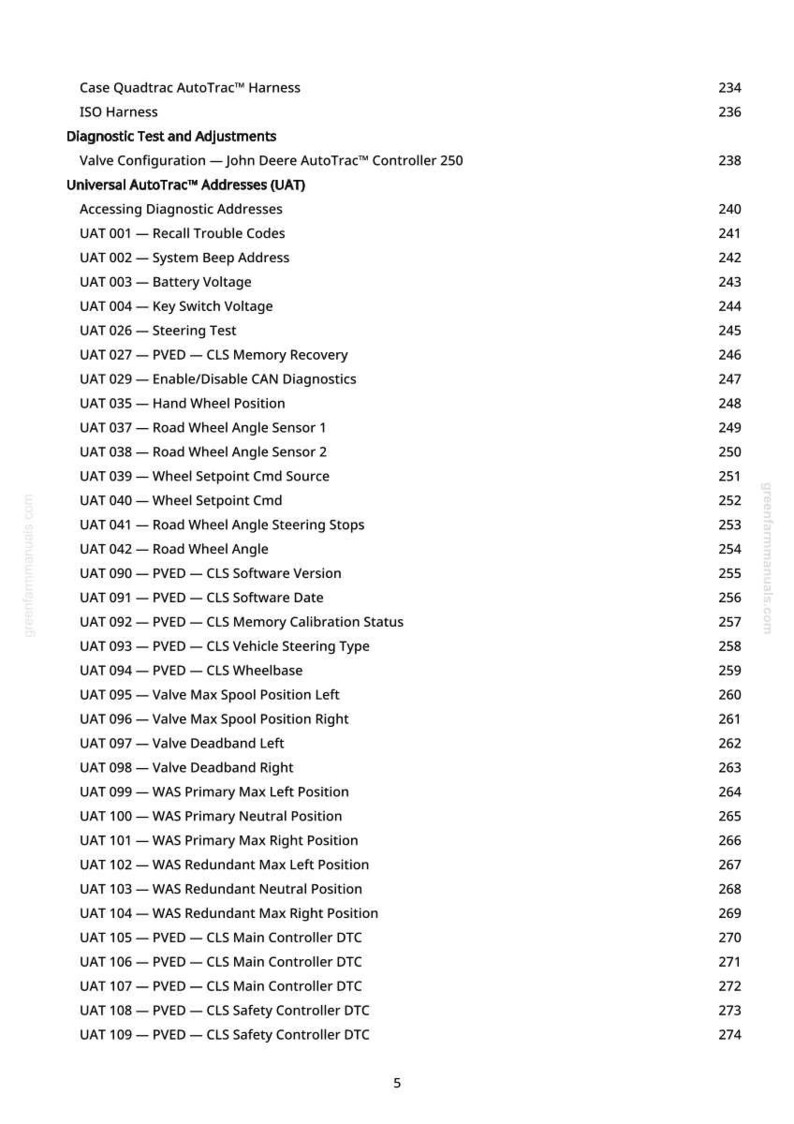 May include: A detailed table of contents from a manual, featuring diagnostic tests and adjustments for a Case Quadtrac AutoTrac harness. Includes Universal AutoTrac Addresses (UAT) and various diagnostic codes and settings.