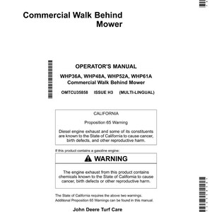 Puede incluir: Manual del operador blanco para una cortadora de c&eacute;sped comercial con operador a pie. El manual incluye advertencias sobre los gases de escape de los motores di&eacute;sel y de gasolina. El manual es de John Deere Turf Care.