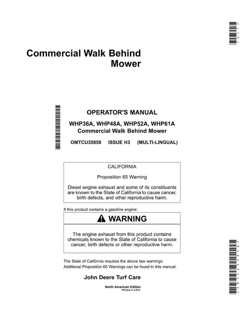 Puede incluir: Manual del operador blanco para una cortadora de c&eacute;sped comercial con operador a pie. El manual incluye advertencias sobre los gases de escape de los motores di&eacute;sel y de gasolina. El manual es de John Deere Turf Care.