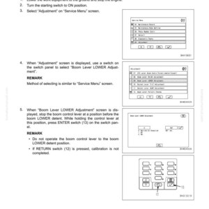 Op de afbeelding: Een pagina uit een technisch handboek met instructies voor het afstellen van de giekhendel van een machine. De pagina bevat schema's van bedieningspanelen en schermweergaven, met genummerde stappen en tekstbeschrijvingen. De handleiding is voor een WA500-8 model.