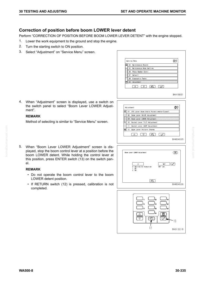 Op de afbeelding: Een pagina uit een technisch handboek met instructies voor het afstellen van de giekhendel van een machine. De pagina bevat schema's van bedieningspanelen en schermweergaven, met genummerde stappen en tekstbeschrijvingen. De handleiding is voor een WA500-8 model.