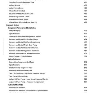 May include: A white page with a detailed table of contents for a mechanical system, including sections on steering, hydraulic systems, and hydraulic pumps. The text is black and organized with headings and page numbers.