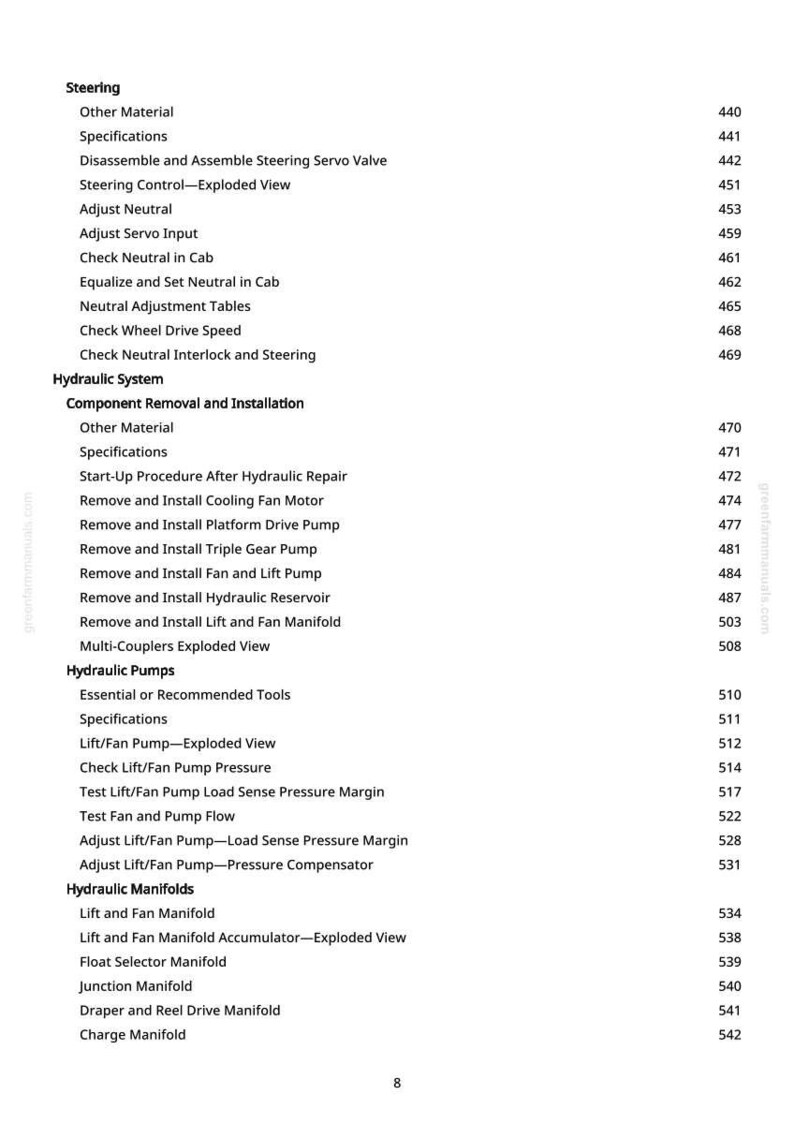 May include: A white page with a detailed table of contents for a mechanical system, including sections on steering, hydraulic systems, and hydraulic pumps. The text is black and organized with headings and page numbers.