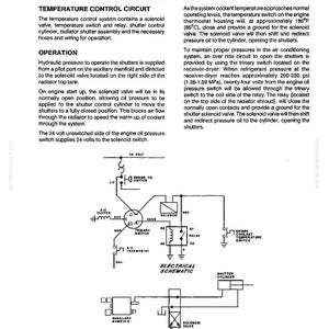 Pode incluir: Diagrama de um sistema de persianas do radiador, incluindo um circuito de controle de temperatura e um esquema el&eacute;trico. O texto descreve o funcionamento do sistema, com componentes como v&aacute;lvulas solen&oacute;ide e rel&eacute;s.