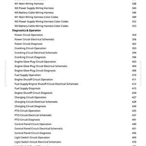 May include: A white page with a list of electrical system schematics and diagnostics, including wiring harnesses, circuit operations, and circuit diagnoses. The text is black and organized in a hierarchical format.