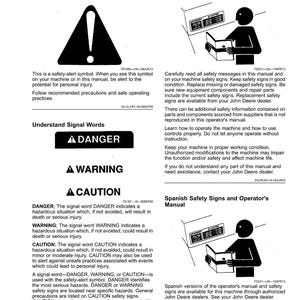 May include: A page from a manual with safety information. It includes a safety alert symbol, instructions, and signal words like "DANGER," "WARNING," and "CAUTION." The manual also has a section on Spanish safety signs.