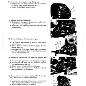 K&ouml;nnte beinhalten: Diagramm von Motorkomponenten mit Beschriftungen und Anweisungen zur Demontage und Montage. Enth&auml;lt Bilder von Zahnr&auml;dern, Platten und Schrauben. Der Text enth&auml;lt Schritte zum Entfernen von Kraftstoffeinspritz- und &Ouml;lpumpenantriebszahnr&auml;dern.