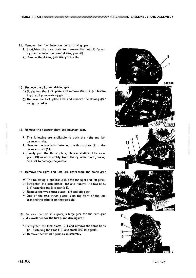 K&ouml;nnte beinhalten: Diagramm von Motorkomponenten mit Beschriftungen und Anweisungen zur Demontage und Montage. Enth&auml;lt Bilder von Zahnr&auml;dern, Platten und Schrauben. Der Text enth&auml;lt Schritte zum Entfernen von Kraftstoffeinspritz- und &Ouml;lpumpenantriebszahnr&auml;dern.