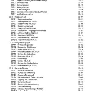 May include: A detailed table of contents in German, listing various components and systems, such as electrical systems, threshing units, and elevators. The document includes page numbers for each section.