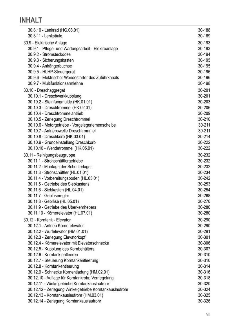 May include: A detailed table of contents in German, listing various components and systems, such as electrical systems, threshing units, and elevators. The document includes page numbers for each section.