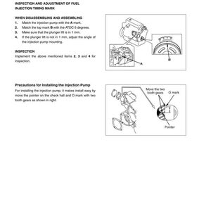 Puede incluir: Diagrama que ilustra el ajuste del tiempo de inyecci&oacute;n de combustible para un motor di&eacute;sel. La imagen incluye instrucciones detalladas, diagramas y etiquetas para la inspecci&oacute;n y el montaje, con medidas en mil&iacute;metros. El texto incluye los n&uacute;meros de modelo y la serie del motor.