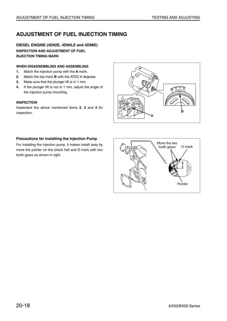 Puede incluir: Diagrama que ilustra el ajuste del tiempo de inyecci&oacute;n de combustible para un motor di&eacute;sel. La imagen incluye instrucciones detalladas, diagramas y etiquetas para la inspecci&oacute;n y el montaje, con medidas en mil&iacute;metros. El texto incluye los n&uacute;meros de modelo y la serie del motor.