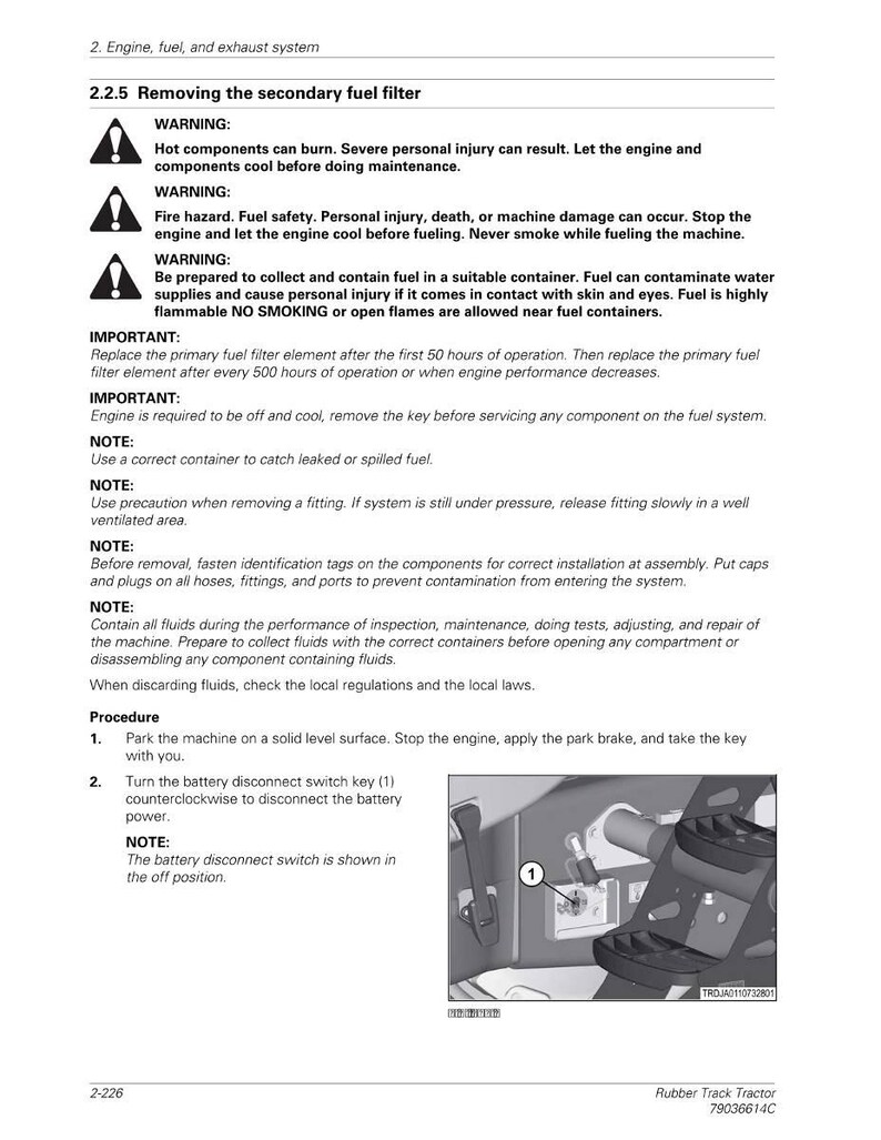 May include: Page from a manual detailing engine maintenance, including warnings about fire hazards and fuel safety. The text describes procedures for removing the secondary fuel filter and disconnecting the battery. Includes a diagram of a battery disconnect switch.