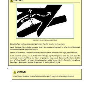 Op de afbeelding: Een veiligheidsinstructieblad met de titel "Verwijder en installeer Top Augers". De afbeelding bevat een waarschuwingssymbool en een handdiagram met pijlen. Tekst waarschuwt voor hogedruk vloeistoffen en mogelijke verwondingen.