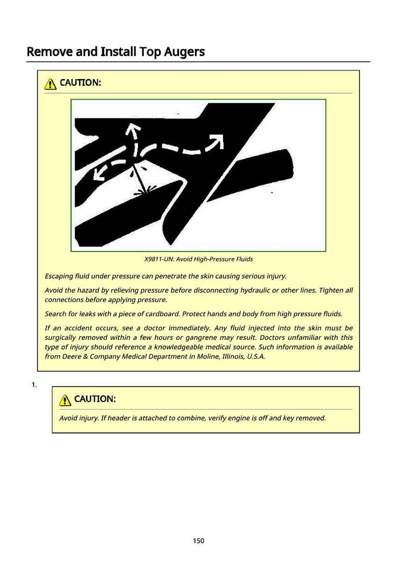 Op de afbeelding: Een veiligheidsinstructieblad met de titel "Verwijder en installeer Top Augers". De afbeelding bevat een waarschuwingssymbool en een handdiagram met pijlen. Tekst waarschuwt voor hogedruk vloeistoffen en mogelijke verwondingen.