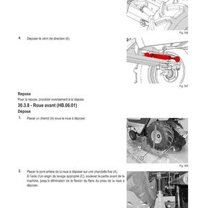 May include: Diagram of a tractor wheel removal procedure. The image includes detailed illustrations with labels and instructions in French, showing steps like removing pins, loosening collars, and using a jack.