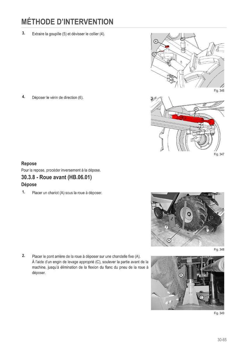 May include: Diagram of a tractor wheel removal procedure. The image includes detailed illustrations with labels and instructions in French, showing steps like removing pins, loosening collars, and using a jack.