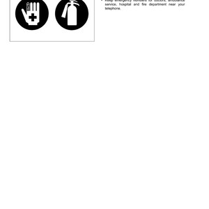 May include: Safety instructions graphic with two circular icons. One shows a hand with a cross, the other a fire extinguisher. Text reads "Prepare for Emergencies" and provides instructions for first aid and emergency contacts.
