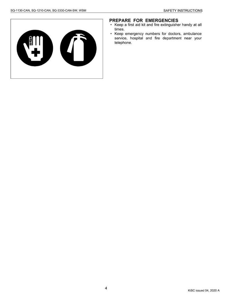 May include: Safety instructions graphic with two circular icons. One shows a hand with a cross, the other a fire extinguisher. Text reads "Prepare for Emergencies" and provides instructions for first aid and emergency contacts.