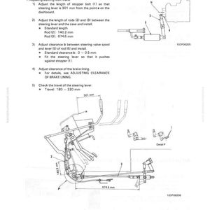 May include: Diagram of adjusting steering control linkage with measurements in millimeters. Includes text instructions for adjusting the stopper bolt, rods, and clearance. The diagram shows the steering lever and related components.