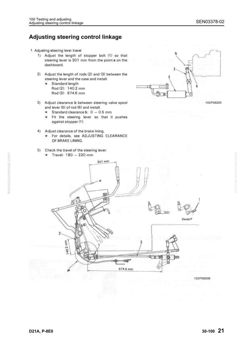 May include: Diagram of adjusting steering control linkage with measurements in millimeters. Includes text instructions for adjusting the stopper bolt, rods, and clearance. The diagram shows the steering lever and related components.